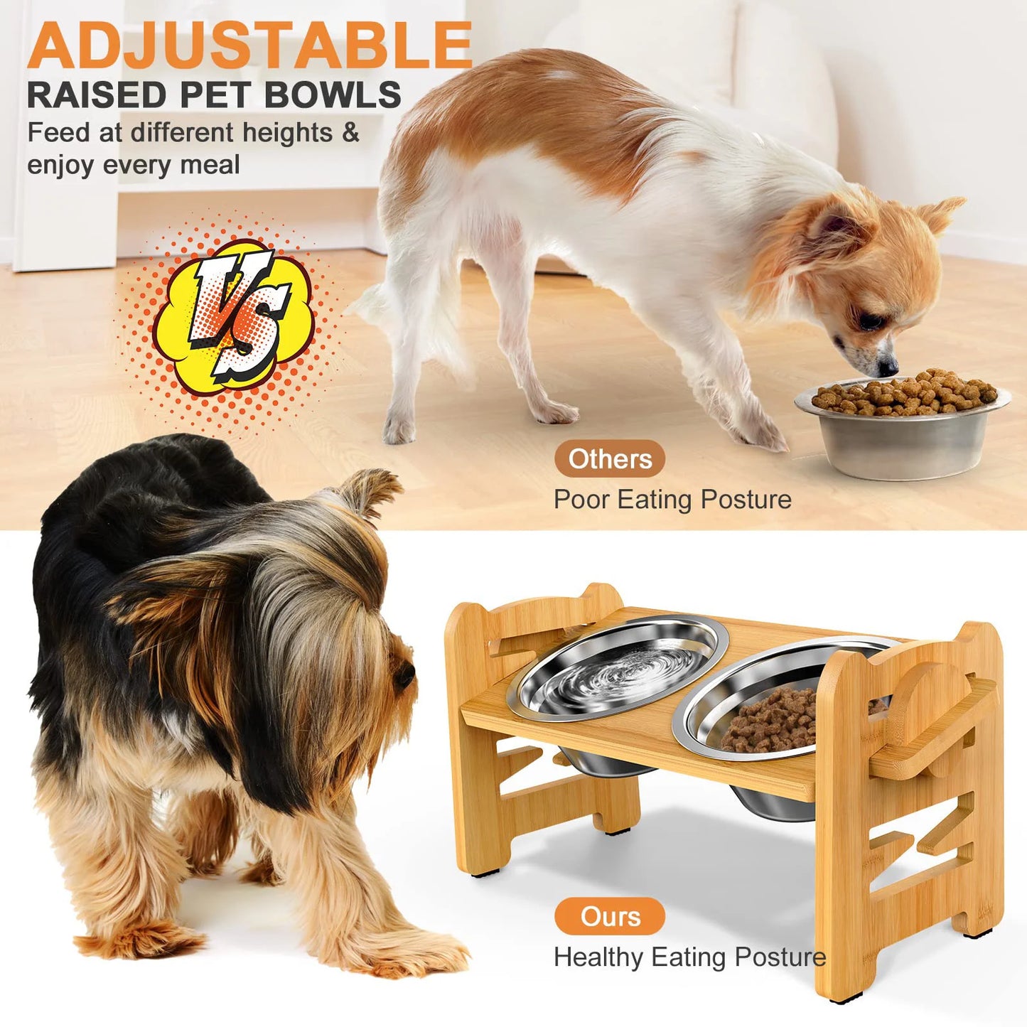 Elevated Stainless Steel Dog Bowls with Bamboo Stand β Adjustable Tilted Raised Feeder for Cats & Dogs